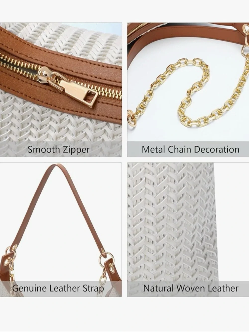 New Woven Cream Shoulder Bag with Brown Trim and Gold Chain